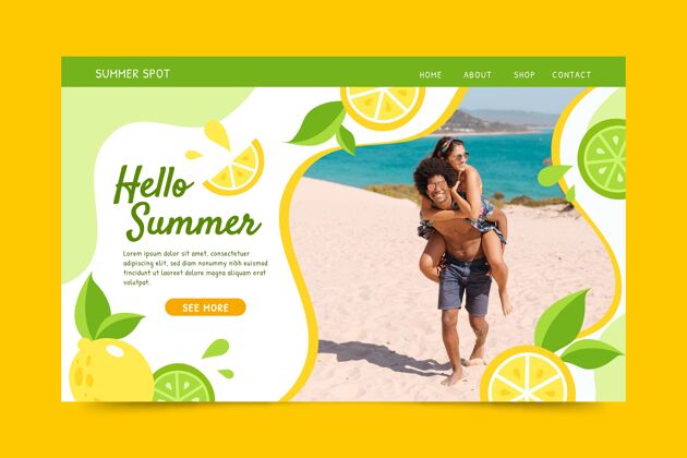 季节平面夏季登陆页模板与照片夏季潜在客户捕获页网页模板