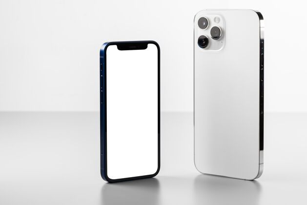 手机两个现代手机模型正面和背面灰色表面复印空间镜头空白屏幕