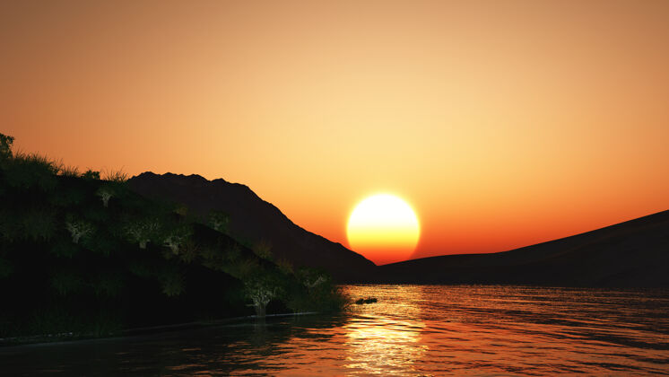 度假有山有湖的日落景观海反射海洋