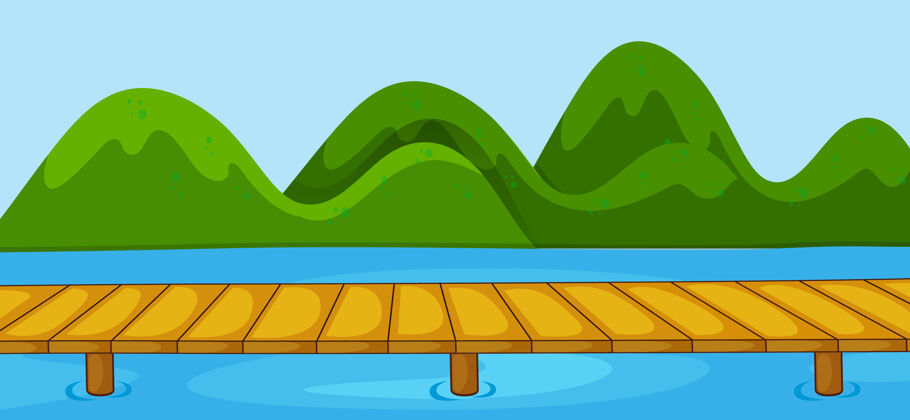 河流空旷的公园景色 桥过河 风格简单主题风景卡通