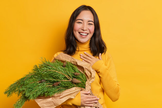 高兴东方容貌的棕发女人抱着圣诞树松果冷杉枝表达着幸福真诚的情感圆领衫人类圣诞节