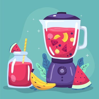 健康饮料手绘果汁在搅拌机玻璃插图手绘配料水果
