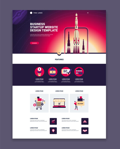 丰富多彩商业网站页面设计模板有三个发射火箭和功能平面发射火箭