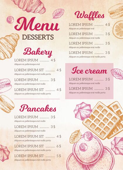 菜单手绘甜点餐厅菜单模板手绘印刷品餐厅菜单