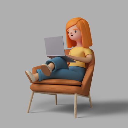 女人3d女性角色坐在椅子上操作笔记本电脑姿势卡通女性