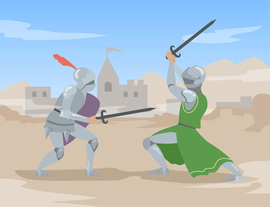 剑骑士们在古城里用剑决斗勇敢的中世纪士兵们穿着重型钢甲战斗过去战斗沉重