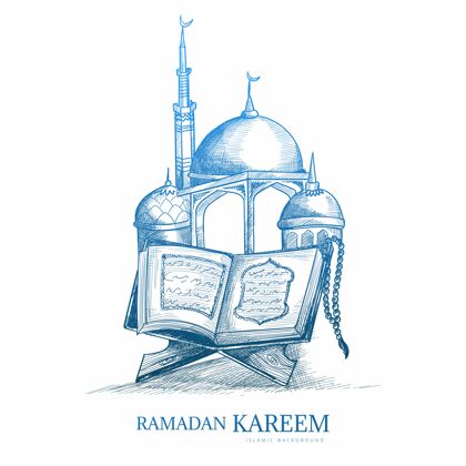 贺卡手绘斋月卡里姆贺卡素描设计伊斯兰斋月彩色