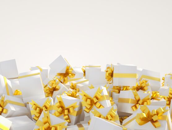 购物一堆白色礼盒 金色丝带 白色背景 文本复制空间盒子礼物礼品