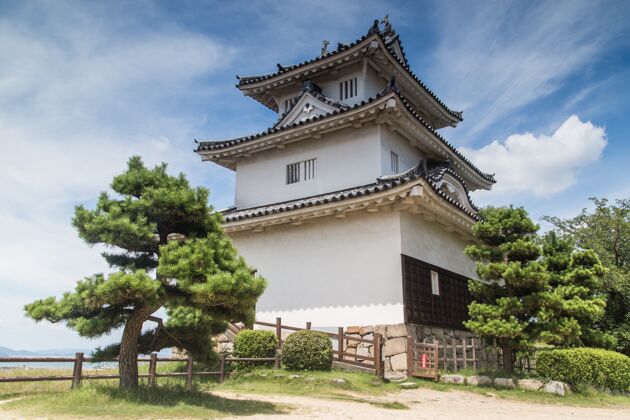 传统在日本蓝天下拍摄的宏伟的uwajima城堡的低角度镜头日本亚洲城堡