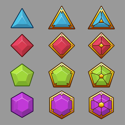 水晶美丽的彩色按钮与光边框矢量资产的游戏装饰图形用户界面元素 孤立颜色玻璃糖果