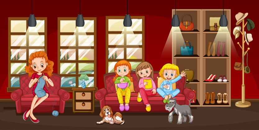 人物客厅里幸福家庭的场景插画自然绘画女孩
