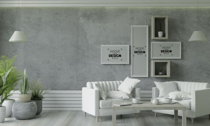 现代室内客厅里的海报架模型图片3d墙