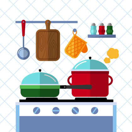 室内炉子上的锅碗瓢盆 厨房烹饪平面概念背景汤器具家具