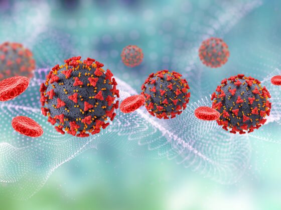 疾病三维渲染的医学背景与柯维德19病毒细胞和血细胞呼吸健康医学