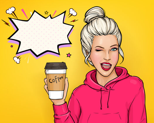 自助餐厅波普艺术矢量广告横幅与眨眼年轻的金发女子在粉红色的连帽衫举行纸咖啡杯年份女士泡泡