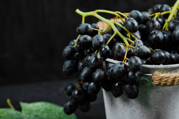 健康一桶黑葡萄 深色背景上有叶子高质量的照片水果桶装自然