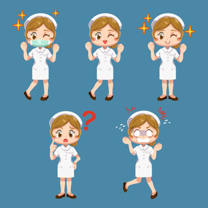 肖像一套不同角色的快乐护士制服 孤立的平面插图服务白色漫画