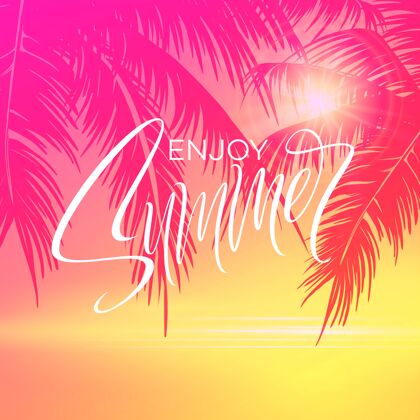 字母夏季字母海报与棕榈树背景粉红色花卉海报文字