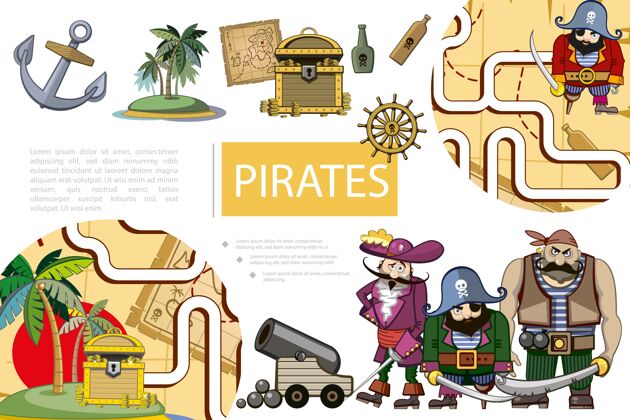 寶藏卡通海盜冒險組合用船錨島地圖寶箱瓶朗姆酒方向盤加農炮海盜角色和游戲迷宮插圖朗姆酒船游戲