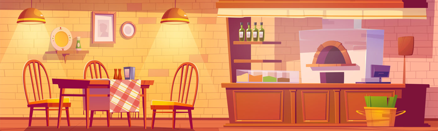 厨房比萨店或舒适的家庭咖啡室内配有比萨饼烤箱 收银台 乡村风格的木制桌椅桌子自然果皮