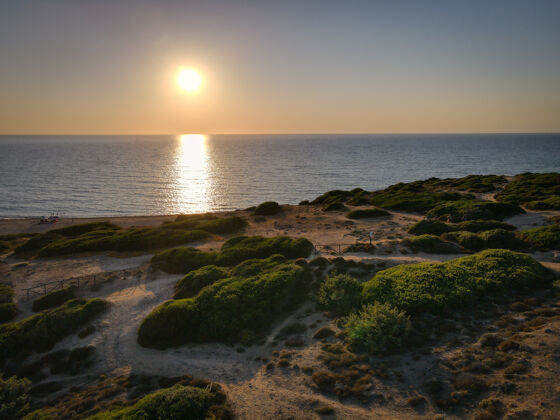 天美丽的拍摄日落景色与绿色的海岸全景草海滨