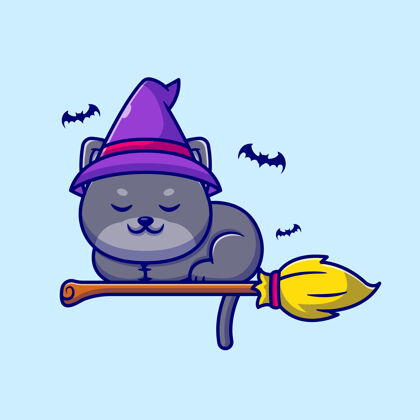 可爱可爱的巫婆猫睡在魔法扫帚卡通插图夜晚猫尾巴
