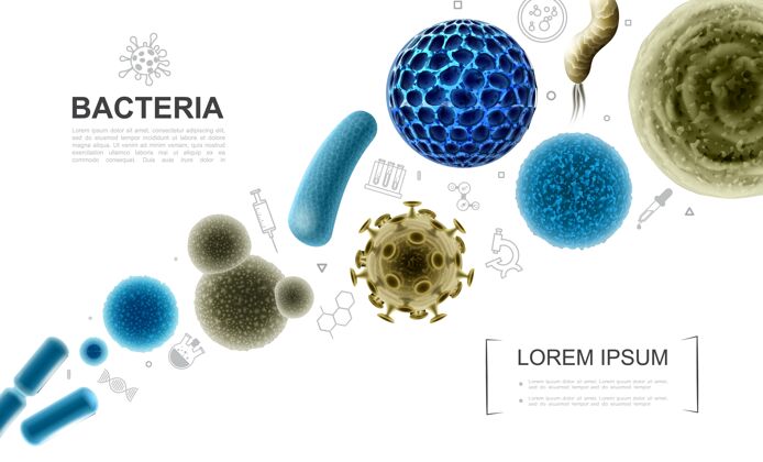 科学真实的生物微生物与细菌病毒细菌和医学图标插图收集危险流感医学