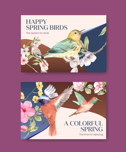 野生动物Facebook模板集鸟类和春天的概念绘画森林树枝