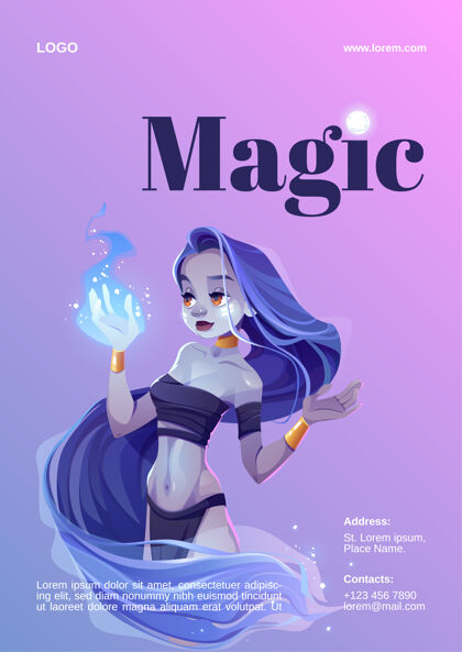 头发魔术表演海报与神秘女孩手拿蓝火幻觉女人女士
