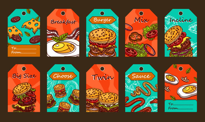 配料特别的标签设计与汉堡切片原料 酱汁和彩蛋背景上的煎蛋标签特别餐厅