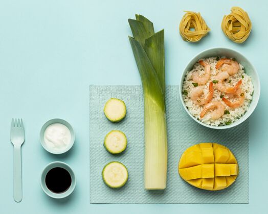 美食蔬菜和鱼类饮食俯视图食物复制空间膳食