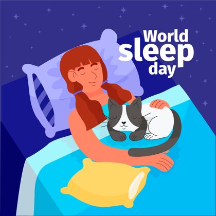 睡眠障碍手绘世界睡眠日插图与熟睡的女人和猫意识猫休息