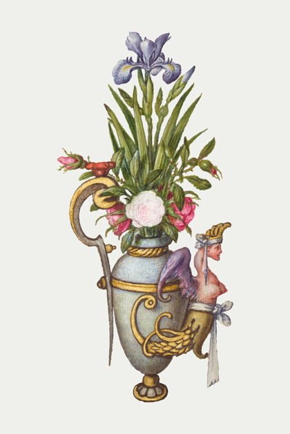 壶在一个古老的花瓶里盛开的鸢尾花植物装饰花
