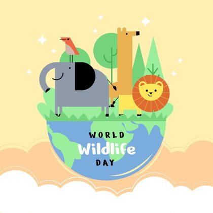 平面设计世界野生动物日插图与行星和动物全球国际保护