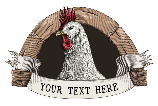 食物鸡场标志手绘老式雕刻风格剪贴画隔离在白色动物屠夫有机