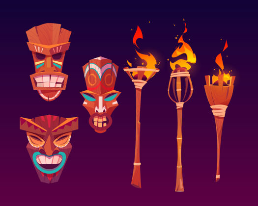 古代提基面具和燃烧的火炬 部落木制图腾 夏威夷或波利尼西亚属性热带部落牙齿