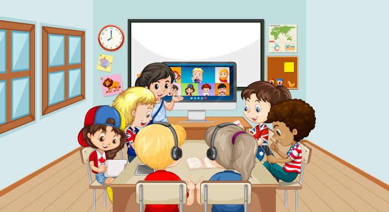 交谈孩子们在教室里用笔记本电脑与老师和朋友进行视频会议交流人风景伴侣