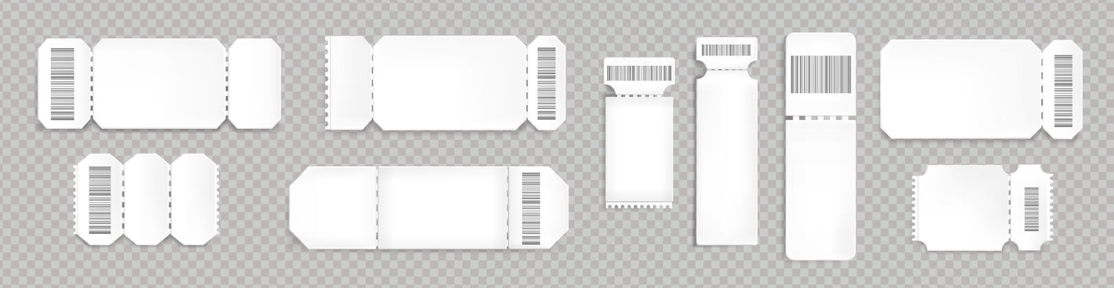 展览带条形码和虚线的空白彩票模型音乐会 电影院和交通工具登机的空白模板透明背景上隔离的白色彩票 逼真的3d矢量集线路座位入口
