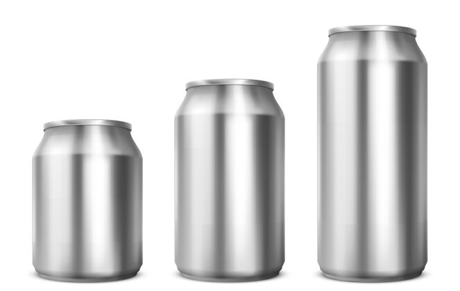 酒吧铝罐不同大小的苏打水或啤酒隔离在白色背景上矢量逼真的模拟金属锡罐饮料前视图三维模板的空白银包装冷饮金属包装钢