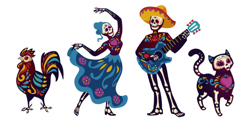 天死亡之日 迪亚德洛斯穆尔托斯字符跳舞卡特里娜或马里亚奇音乐家骷髅Muertos西班牙人