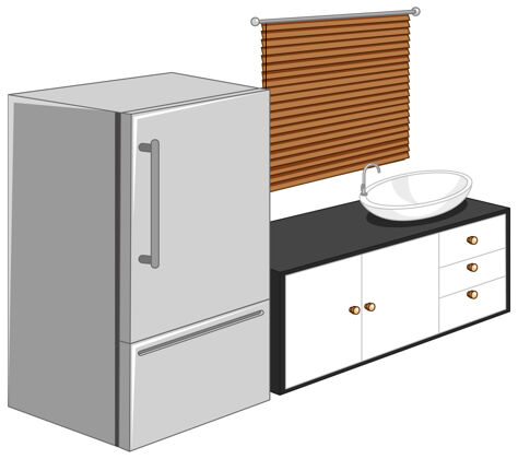自然冰箱与厨房家具隔离在白色背景上柜台水窗户