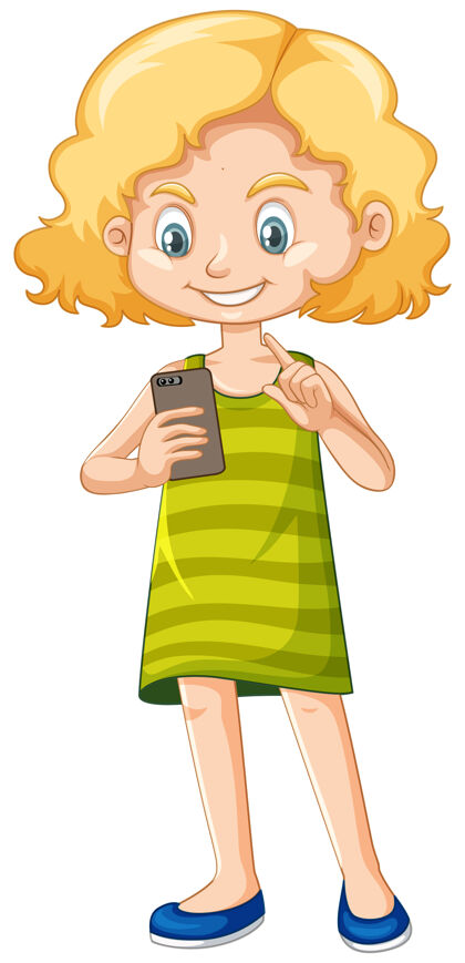 女性穿绿色衬衫的女孩用智能手机卡通人物隔离在白色背景上工具女孩手机
