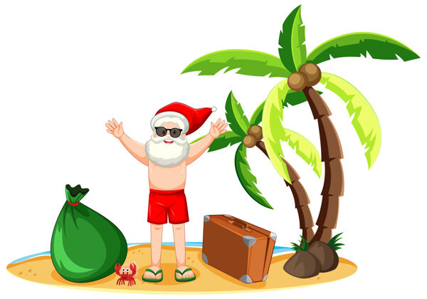 椰子圣诞老人在海滩岛上过夏天的圣诞节派对快乐场景