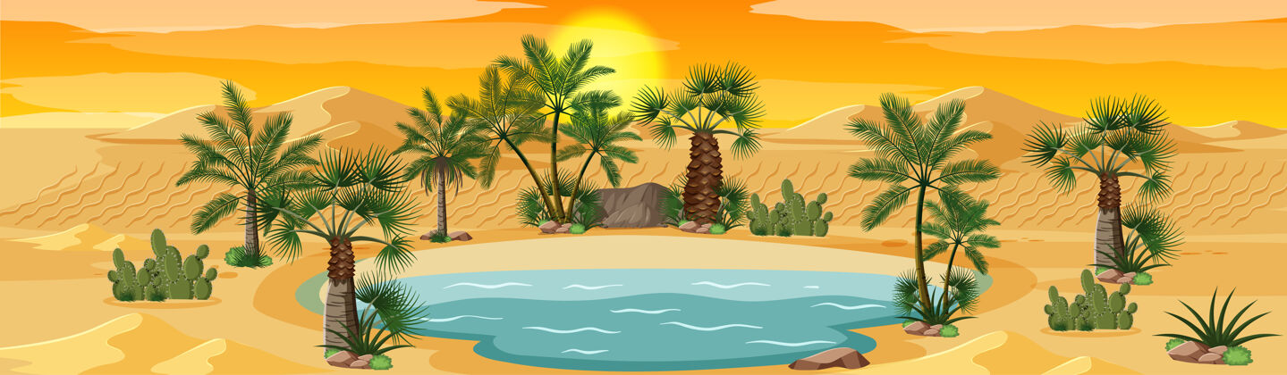 卡通沙漠绿洲棕榈自然景观一景森林干燥沙丘户外