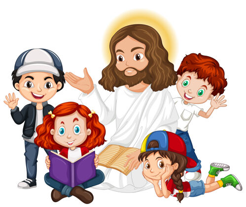 男性耶稣向一群卡通人物宣讲布景孩子年轻