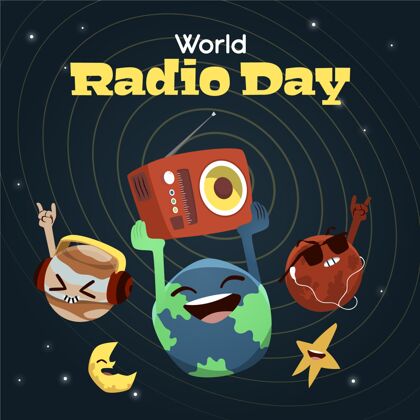 手绘手绘世界广播日背景与行星音乐声音音量