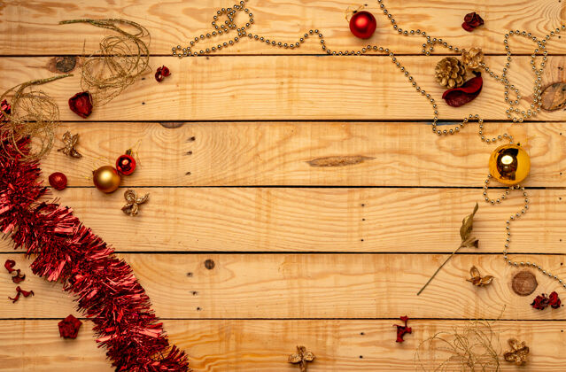 木板木制纹理上的圣诞装饰顶视图地板节日木制