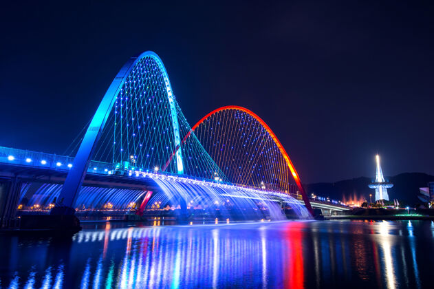 河流韩国世博桥彩虹喷泉秀充满活力喷泉多彩