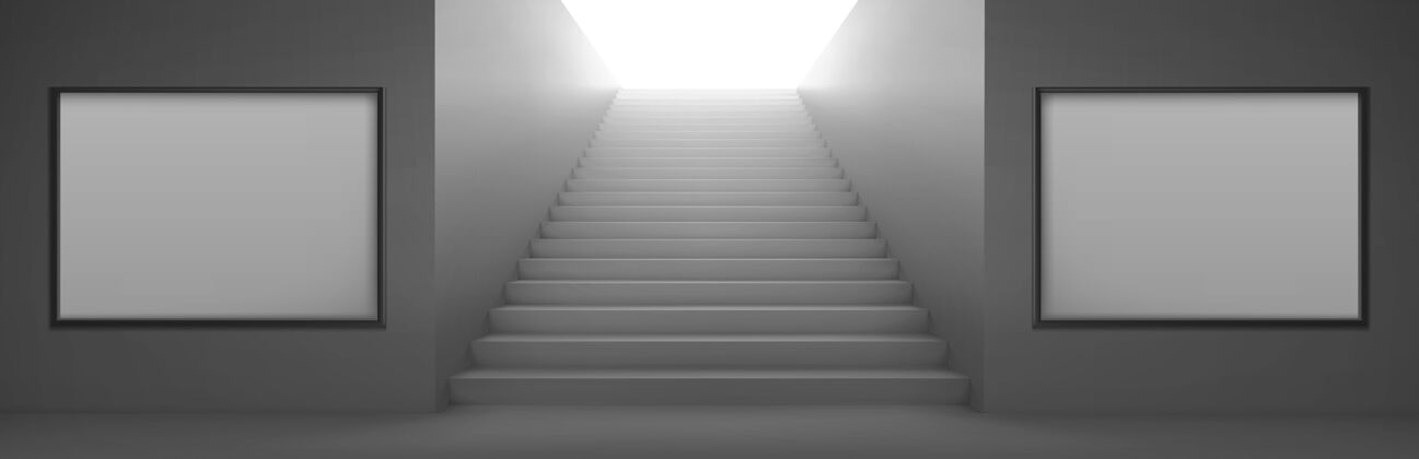 地下3d楼梯去灯和空白色液晶屏幕上的广告墙上从地下或地铁出口 楼梯建设 梯子建筑 现实的插图出口屏幕梯子