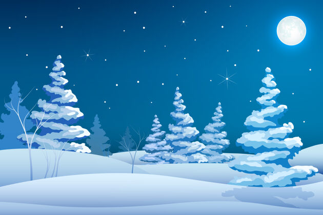 欢乐童话之夜冬季景观模板与雪树星星和月亮仙女庆祝树